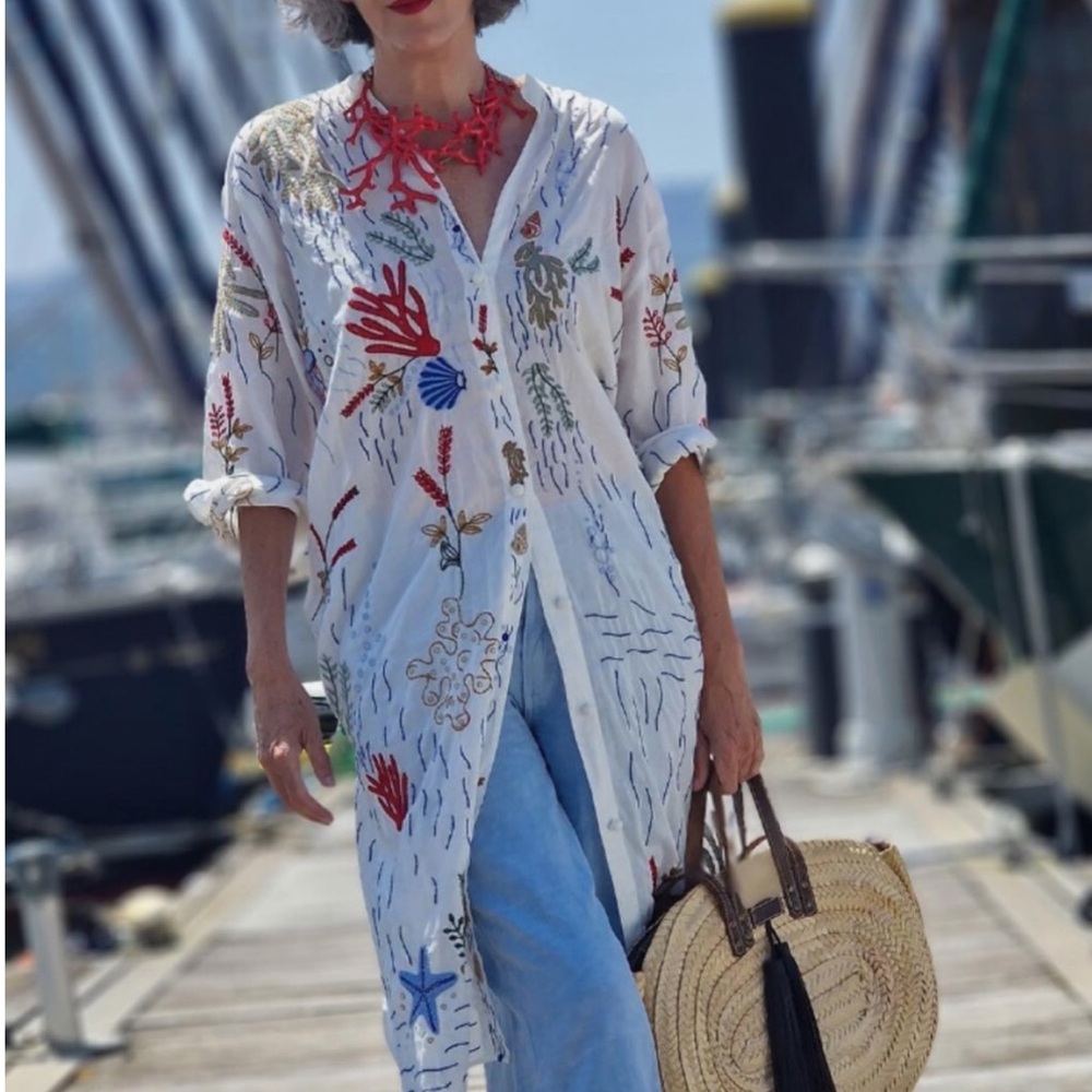 Zara Embroidered under the sea button down shirt dress M